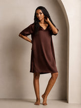 [Marrón] SilkSilky-ES Half Sleeve V Neck Camisón 006