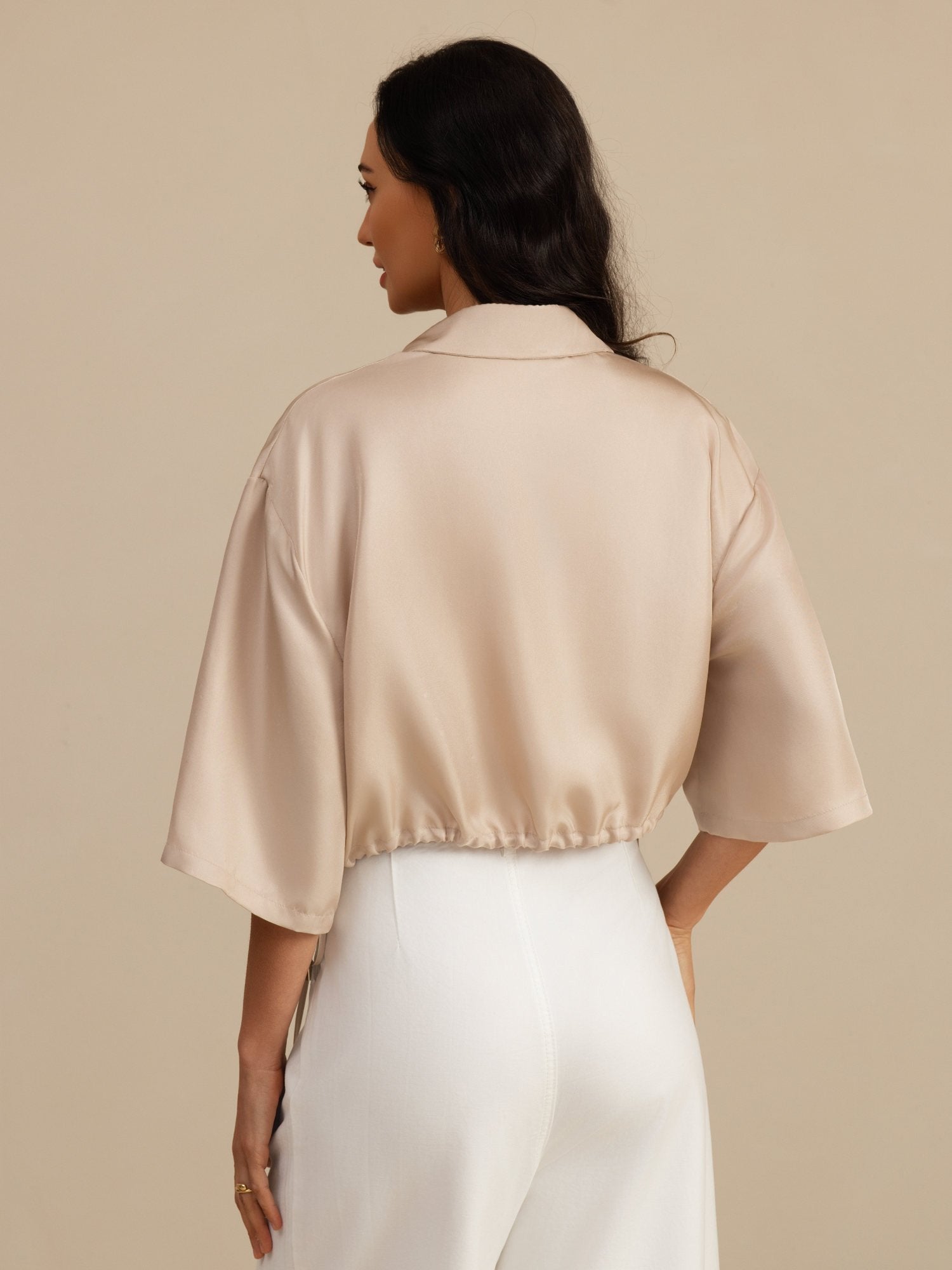 [Marrón Claro] SilkSilky-ES 18Momme A metà Cuello con Solapa Blusa 002