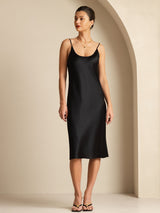 [Negro] SilkSilky-ES Spaghetti Strap Cuello en U Vestido 001