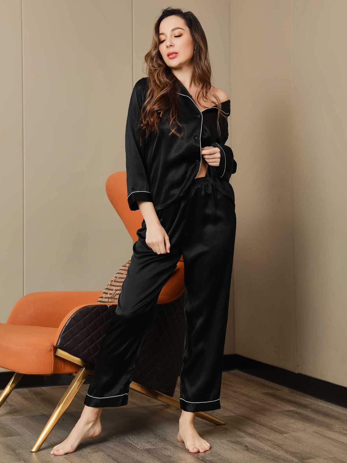 [Negro] SilkSilky-ES Seda Pura Womens Pajamas 003