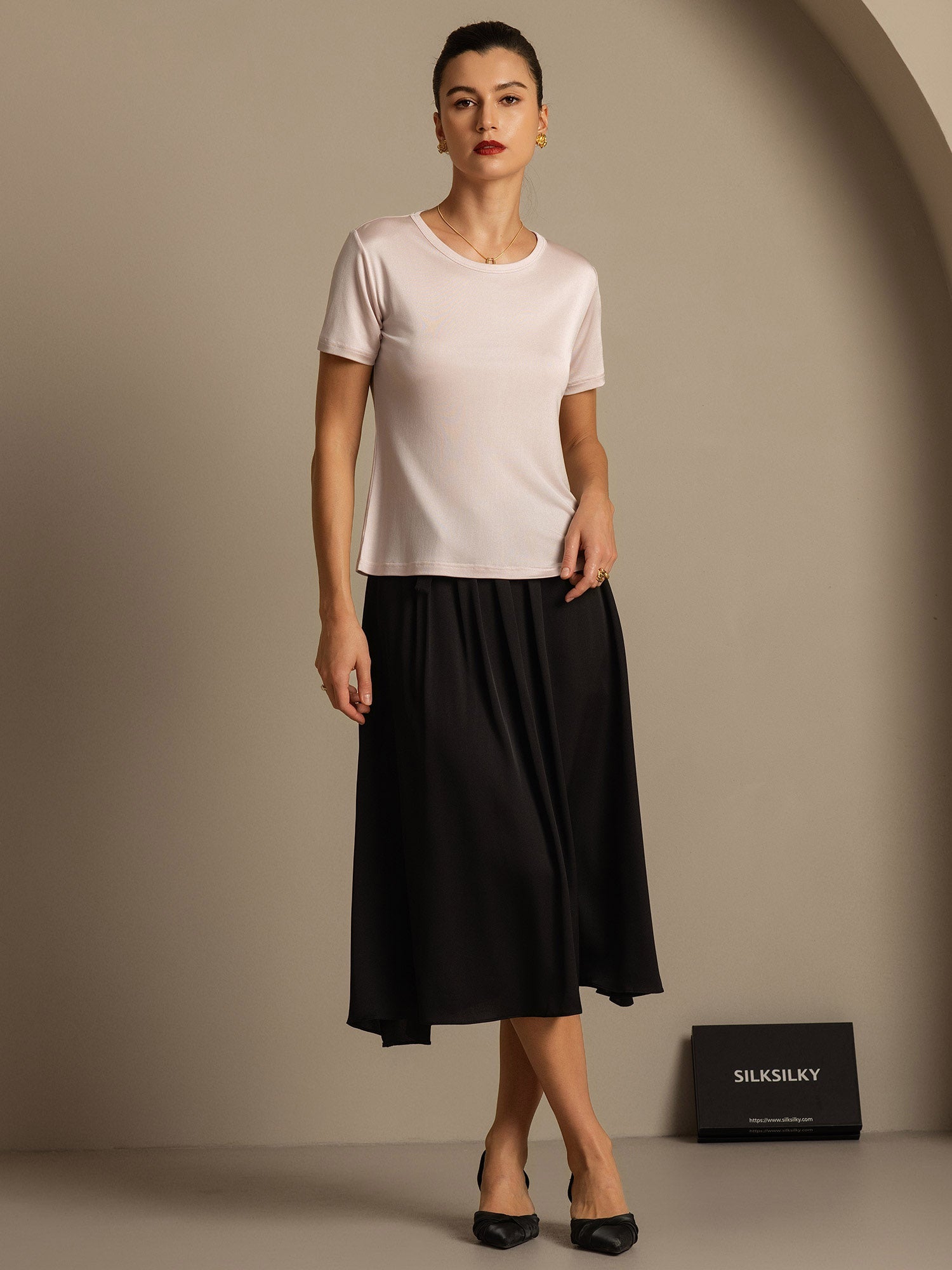 [Rosa Claro] SilkSilky-ES Tejido de seda Womens T-Shirt 003,