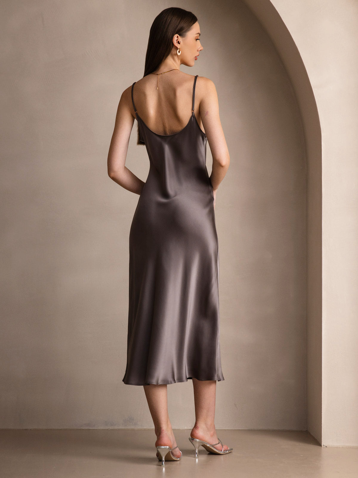 [Caqui Oscuro] SilkSilky-ES Spalline Sottili Cuello en V Vestido 002