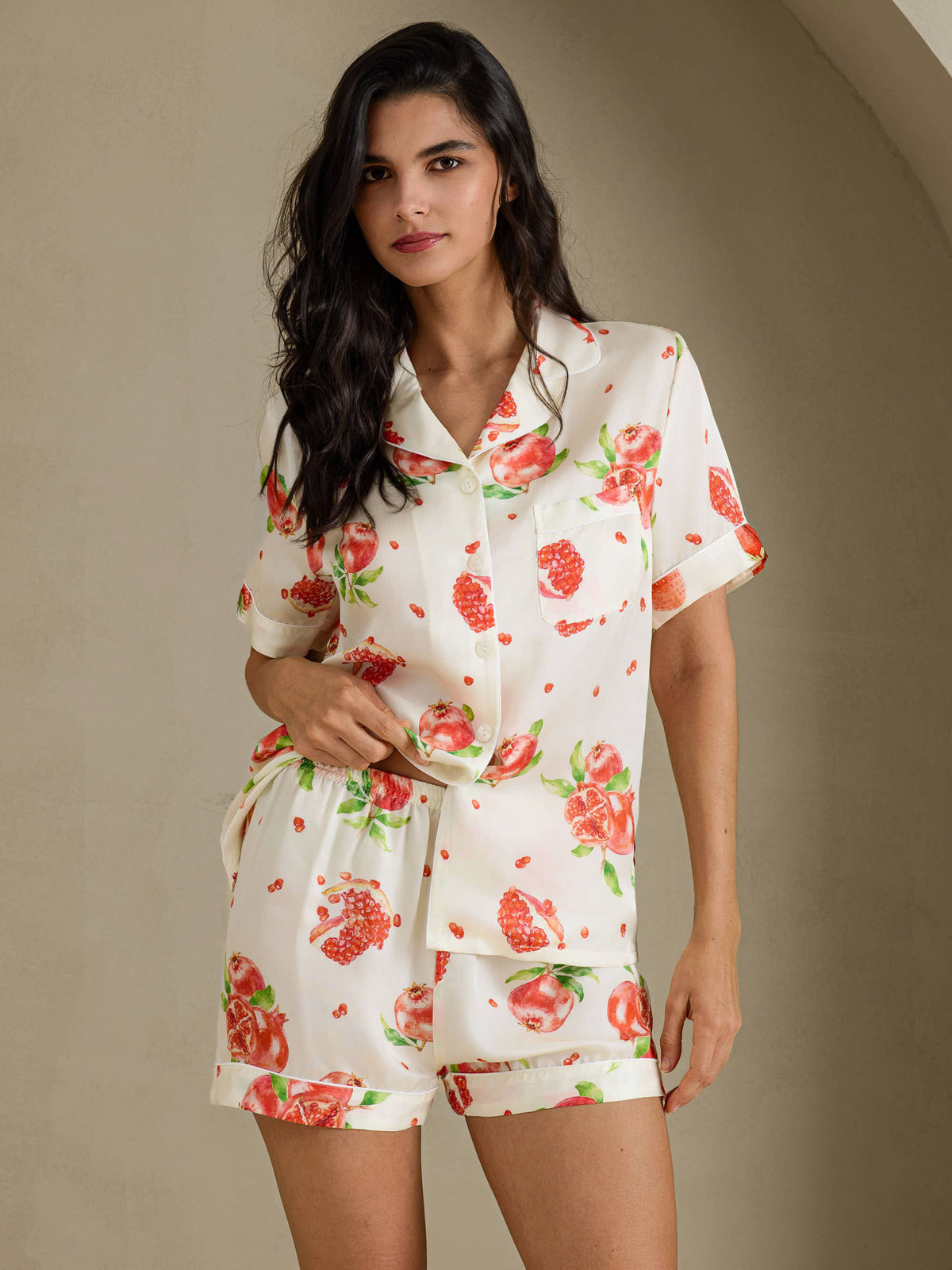 [Granada Blanca] SilkSilky-ES Short Sleeve Notch Collar Pijamas de mujer 001