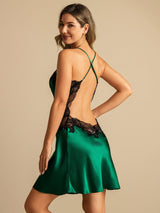[Verde Oscuro] SilkSilky-ES Spaghetti Strap V Neck Camisón 001