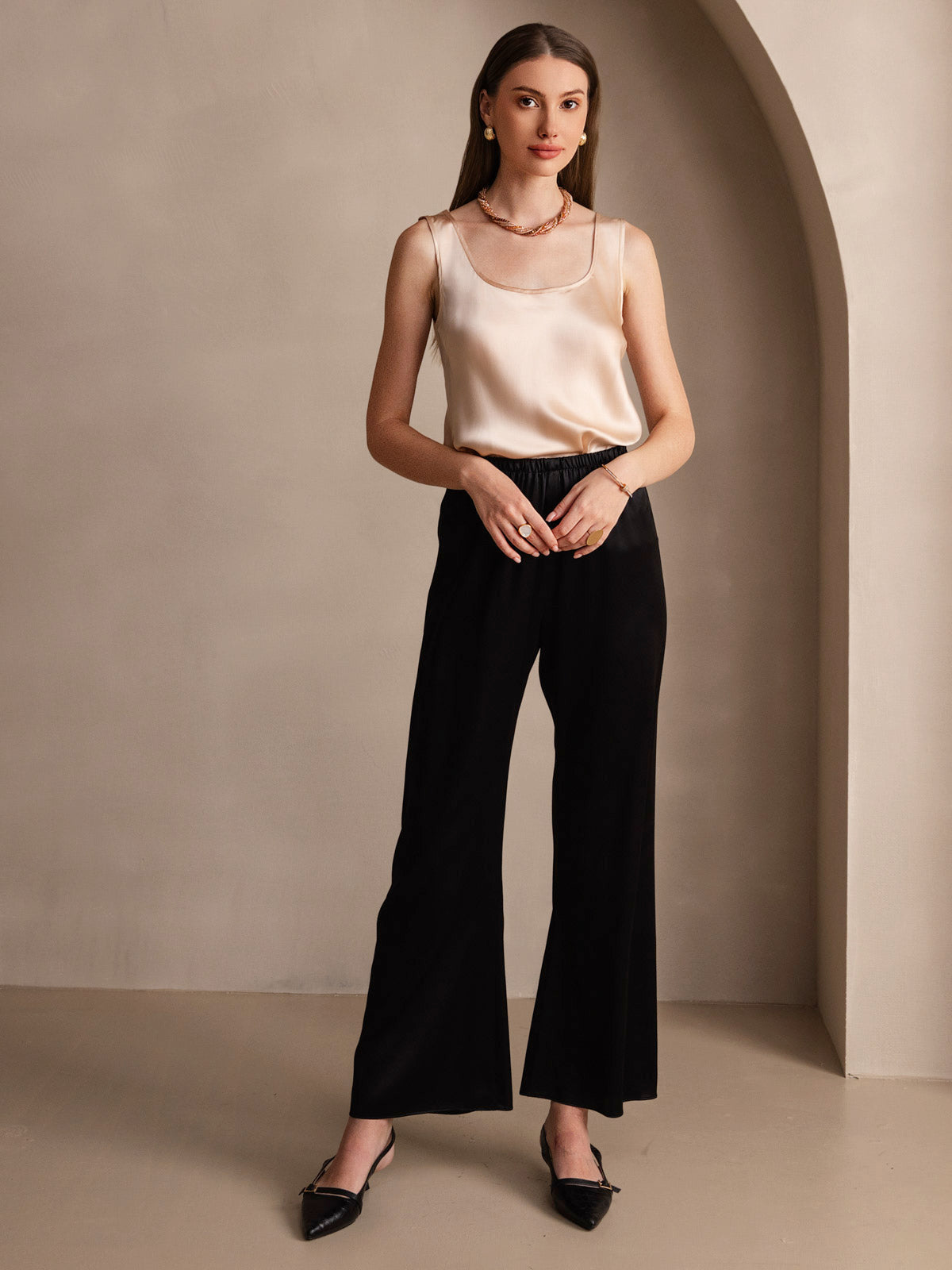 [Champán] SilkSilky-ES 19Momme Seda Cuello en U Top de tirantes 007