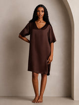 [Marrón] SilkSilky-ES Half Sleeve V Neck Camisón 008