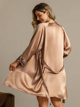[Marrón] SilkSilky-ES 3/4 Sleeve V Neck Conjunto de camisón y bata 002