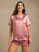 [Malva Pálido] SilkSilky-ES Short Sleeve Lapel Collar Pijamas de mujer 001