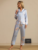 [Azul Claro] SilkSilky-ES Long Sleeve Lapel Collar Pijamas de mujer 006