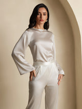 [Gris Claro] SilkSilky-ES Long Sleeve Boat Neck Blusa 005