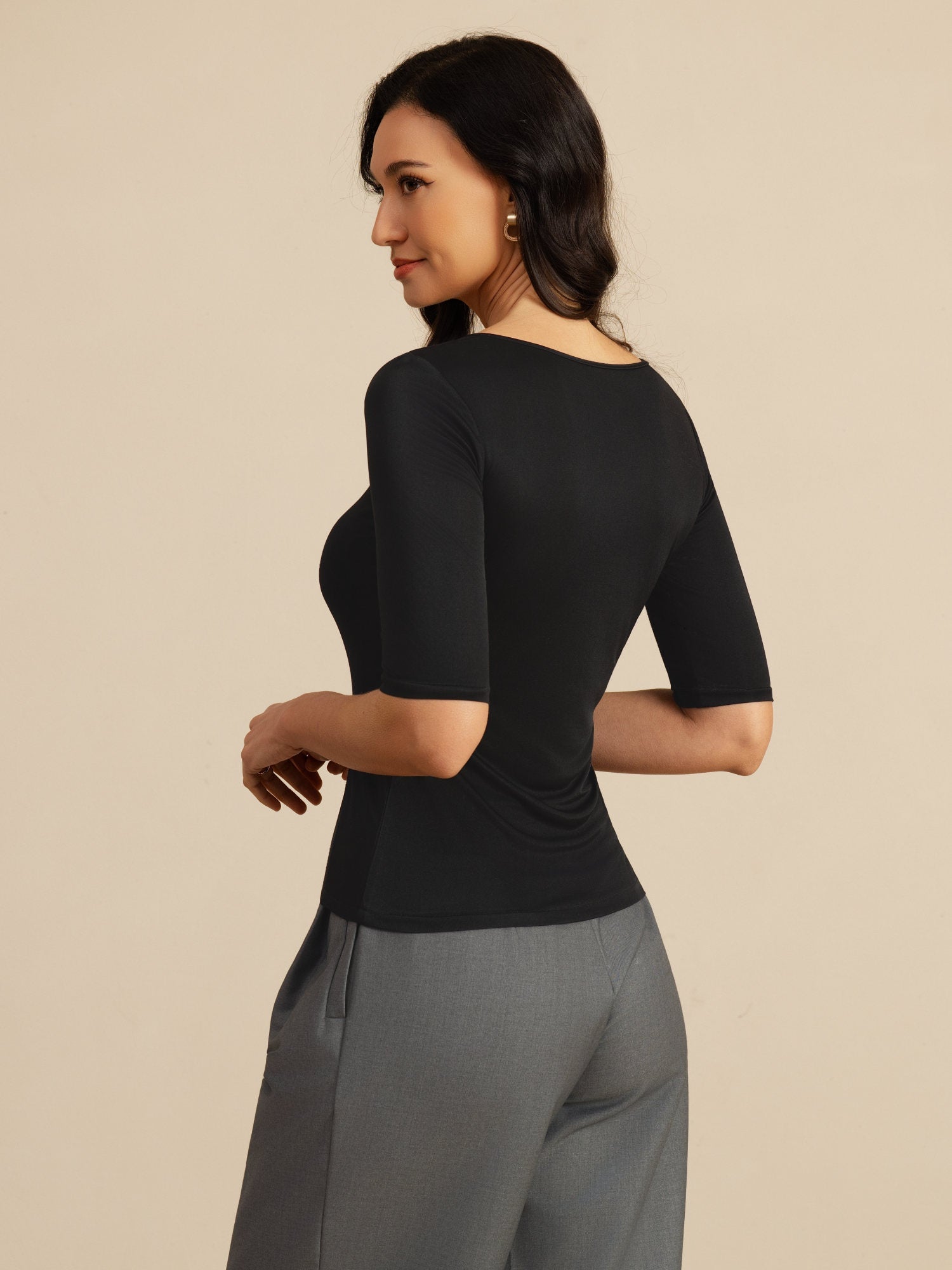 [Negro] SilkSilky-ES A metà Escote Cuchara Camisetas de Mujer 002