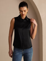 [Negro] SilkSilky-ES Sleeveless Lapel Collar Blusas de Mujer 005