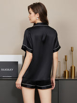 [Negro] SilkSilky-ES Short Sleeve Lapel Collar Pijamas de mujer 002
