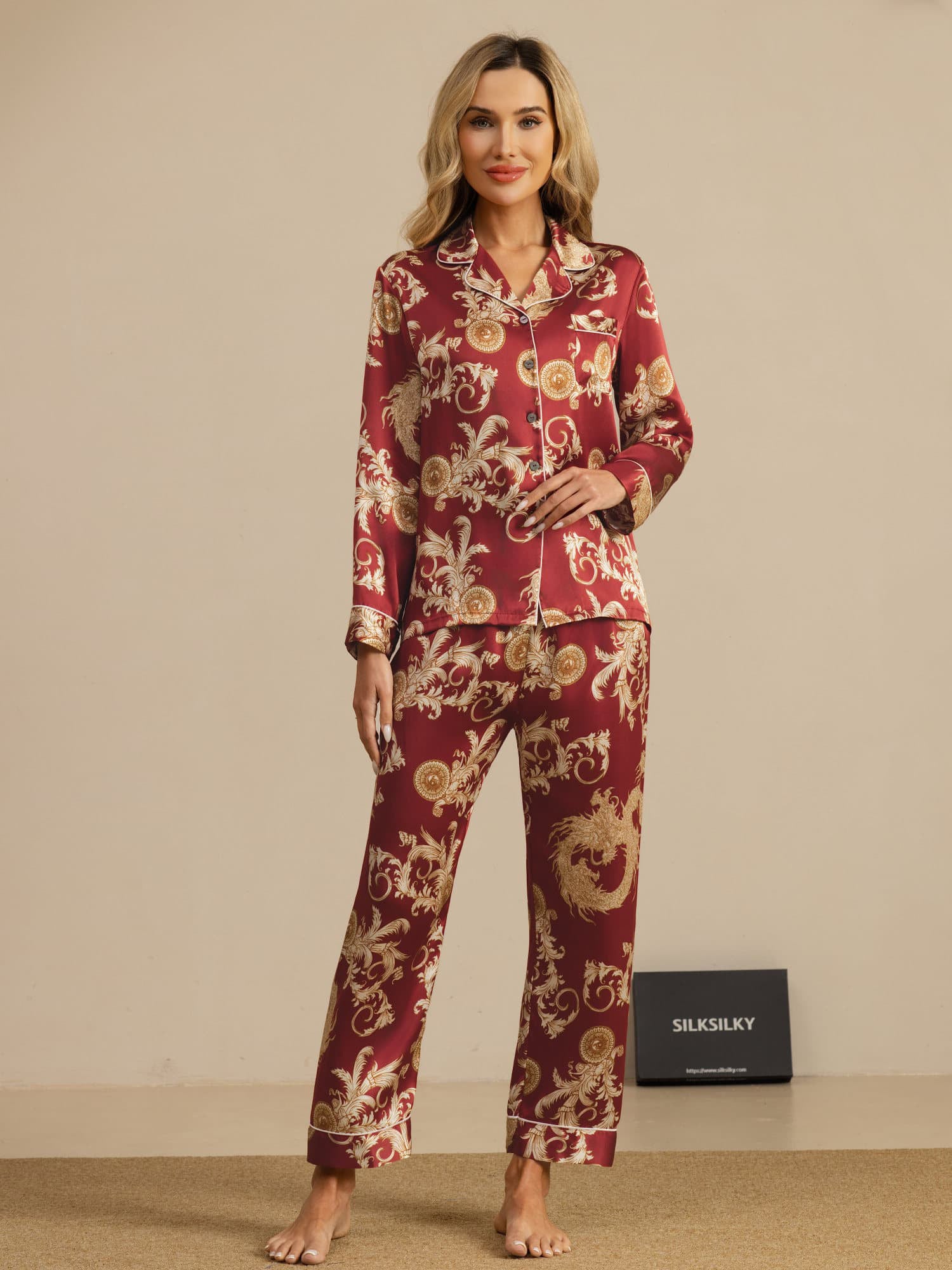 [Dragón Vino] SilkSilky-ES Long Sleeve Lapel Collar Pijamas de mujer 001
