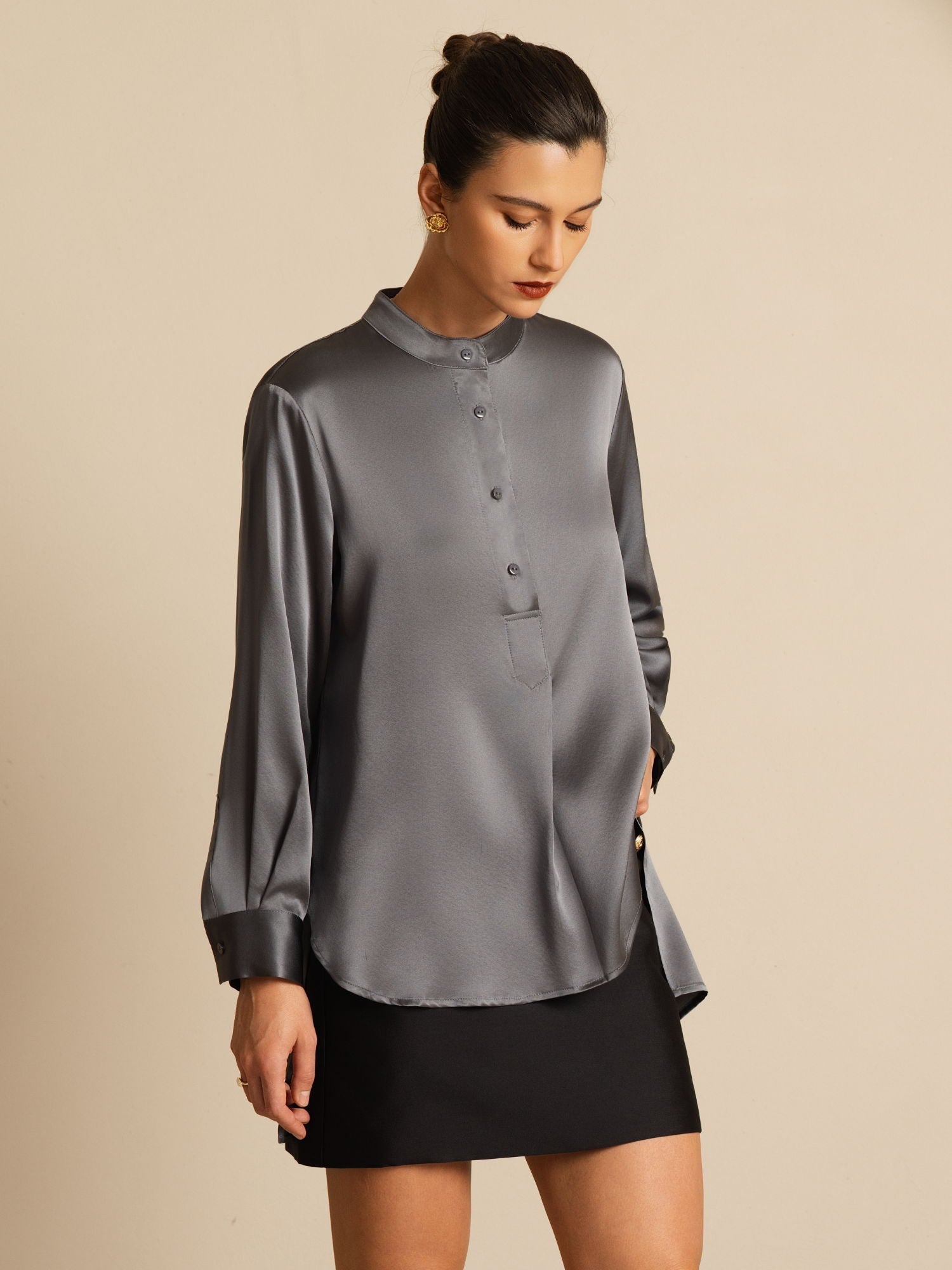 [Gris Oscuro] SilkSilky-ES 19Momme Seda Manga larga Cuello Alto Blusa 005