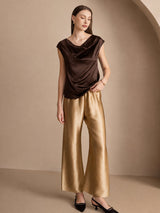 [Chocolate Negro] SilkSilky-ES Cap Sleeve Cowl Neck Camisetas de Mujer 005