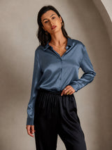 [Verde Azulado Real] SilkSilky-ES Long Sleeve Lapel Collar Blusas de Mujer 003