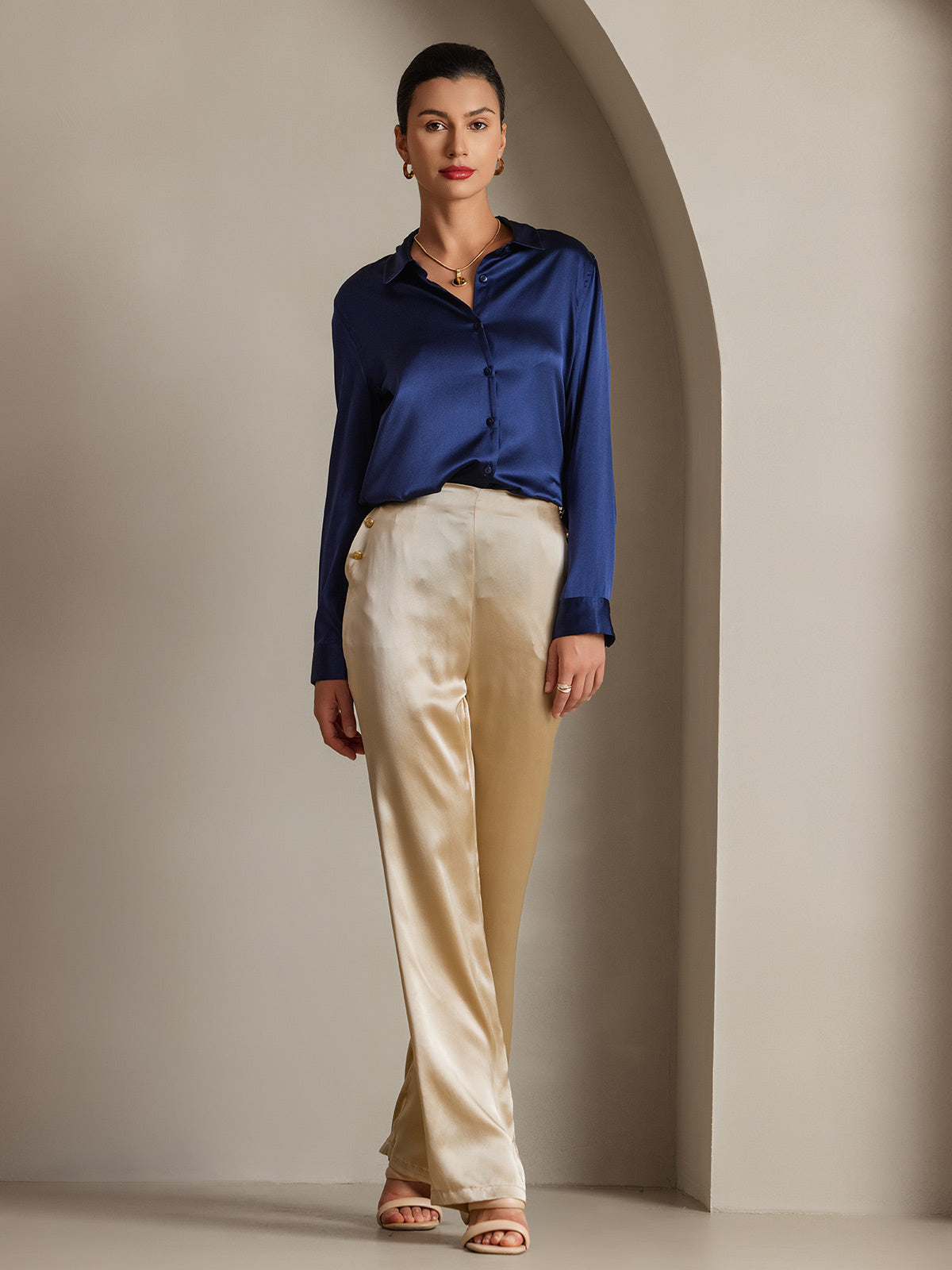 [Azul Oscuro] SilkSilky-ES Seda Manga larga Cuello Camisero Blusas de Mujer 003