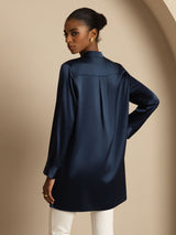 [Azul Oscuro] SilkSilky-ES 19Momme Manga larga Cuello Alto Blusa 002