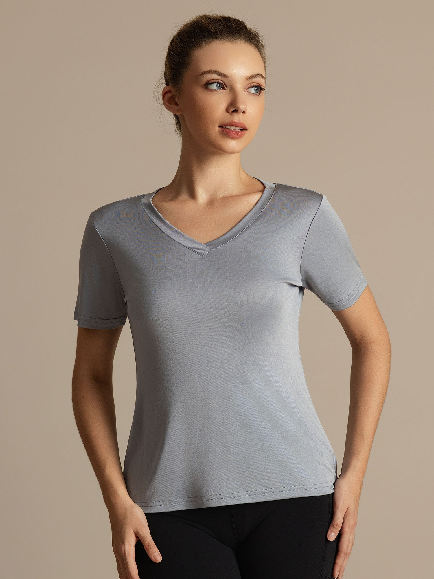 [Gris Claro] SilkSilky-ES Manga corta Cuello en V Camisetas de Mujer 003