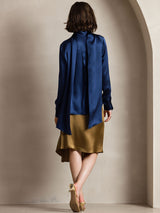 [Azul Oscuro] SilkSilky-ES Long Sleeve Tie Neck Blusa 002
