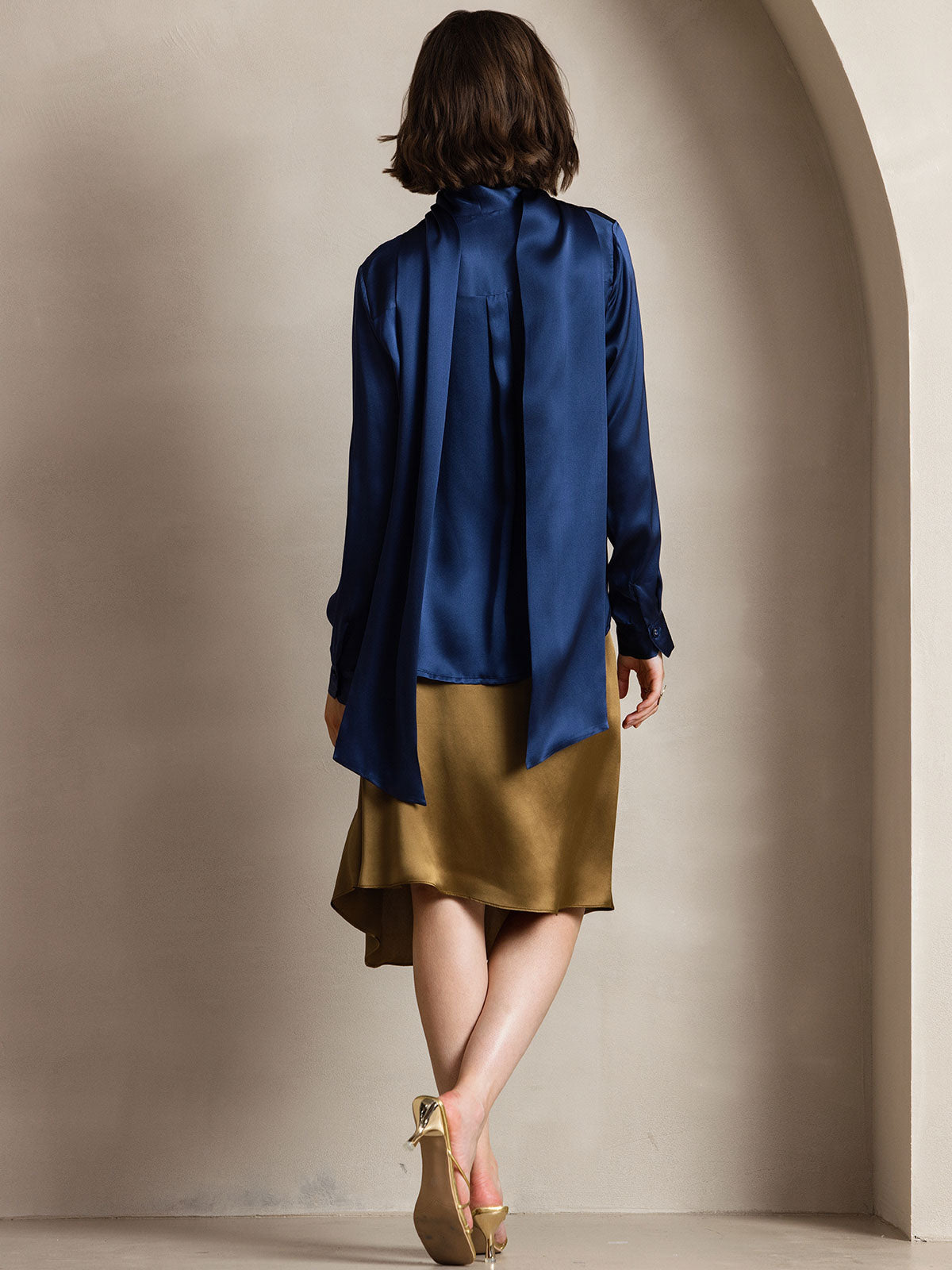 [Azul Oscuro] SilkSilky-ES 19Momme Manga larga Blusa 002