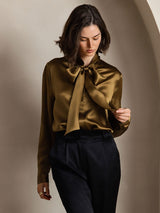 [Marrón] SilkSilky-ES Long Sleeve Tie Neck Blusas 004