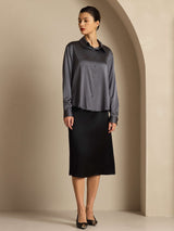 [Gris Oscuro] SilkSilky-ES Long Sleeve Lapel Collar Blusas de Mujer 008