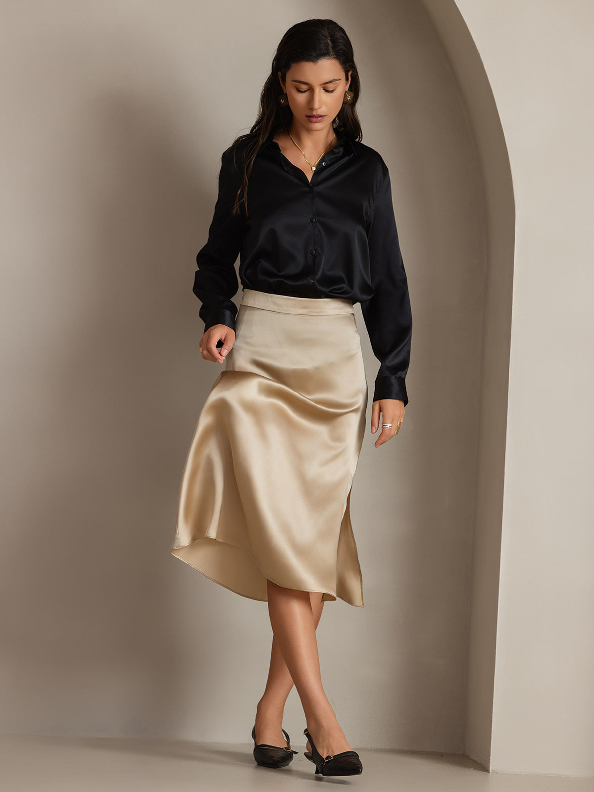 [Negro] SilkSilky-ES Seda Manga larga Cuello Camisero Blusas de Mujer 005