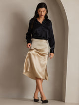 [Negro] SilkSilky-ES Long Sleeve Lapel Collar Blusas de Mujer 005