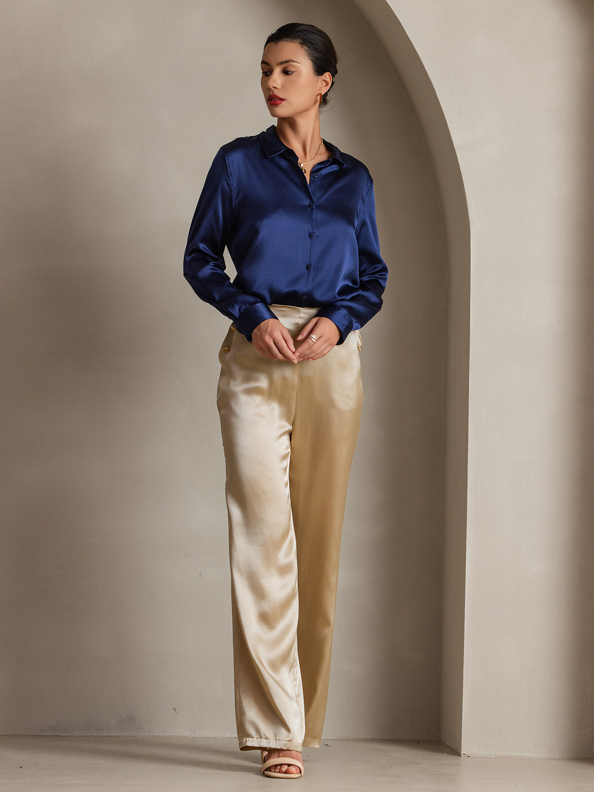 [Azul Oscuro] SilkSilky-ES Seda Manga larga Cuello Camisero Blusas de Mujer 006