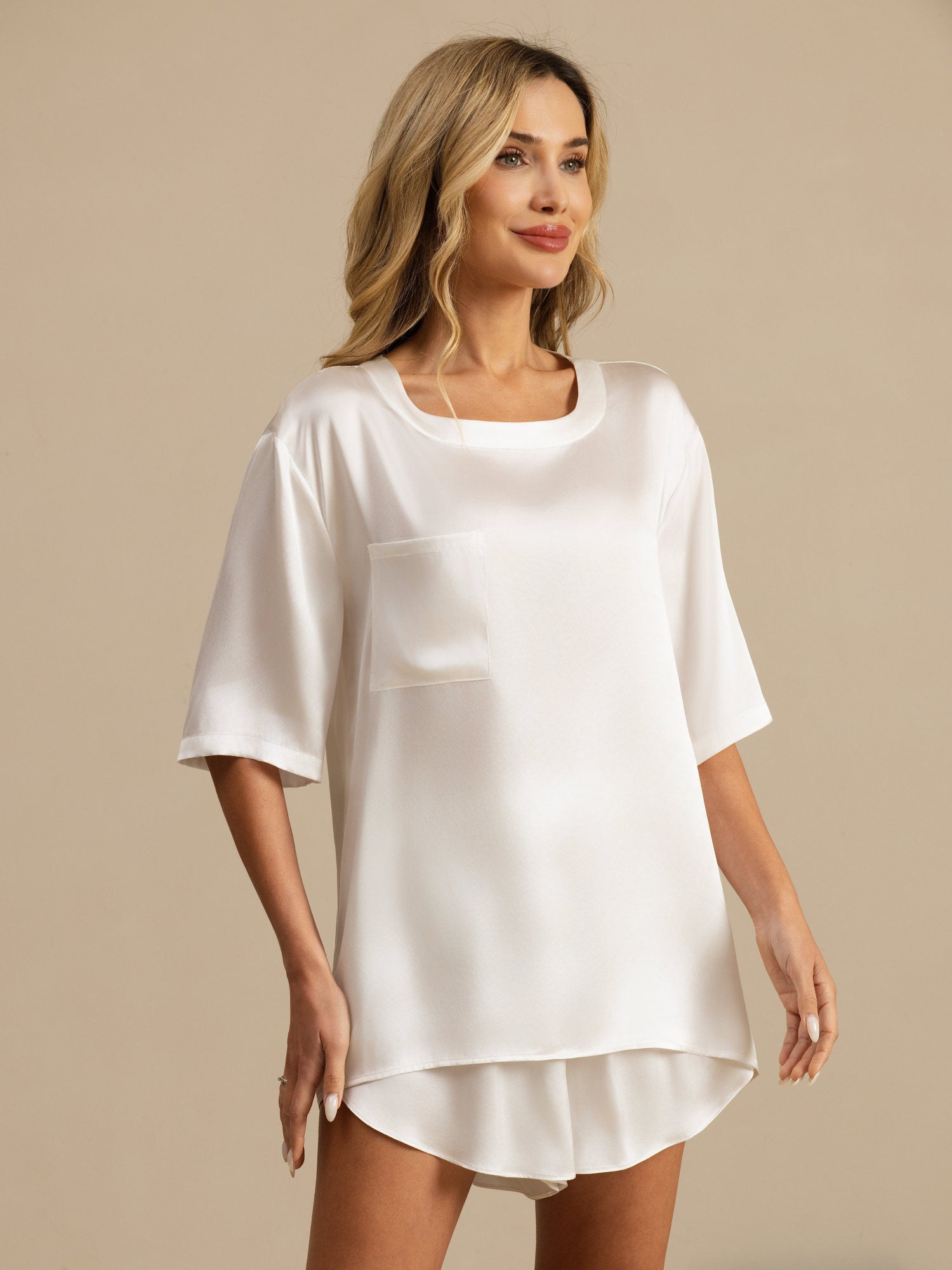 [Blanco] SilkSilky-ES Manga corta Cuello Redondo Pijamas de mujer 004