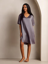 [Gris Púrpura] SilkSilky-ES Half Sleeve V Neck Camisón 001
