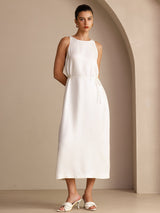 [Blanco] SilkSilky-ES Sleeveless Crew Neck Vestido 003