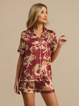 [Dragón Vino] SilkSilky-ES Short Sleeve Lapel Collar Pijamas de mujer 001