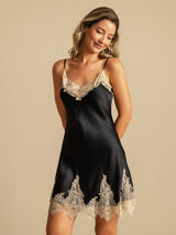 [Negro+Beige] SilkSilky-ES Spaghetti Strap V Neck Camisón 007
