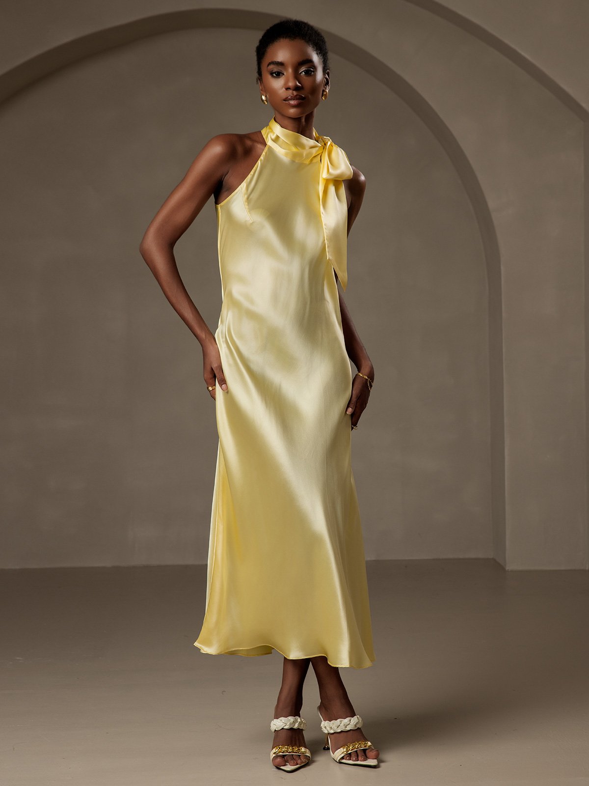 [Amarillo Claro] SilkSilky-ES 19Momme Seda Sin mangas Corbata Vestido 001