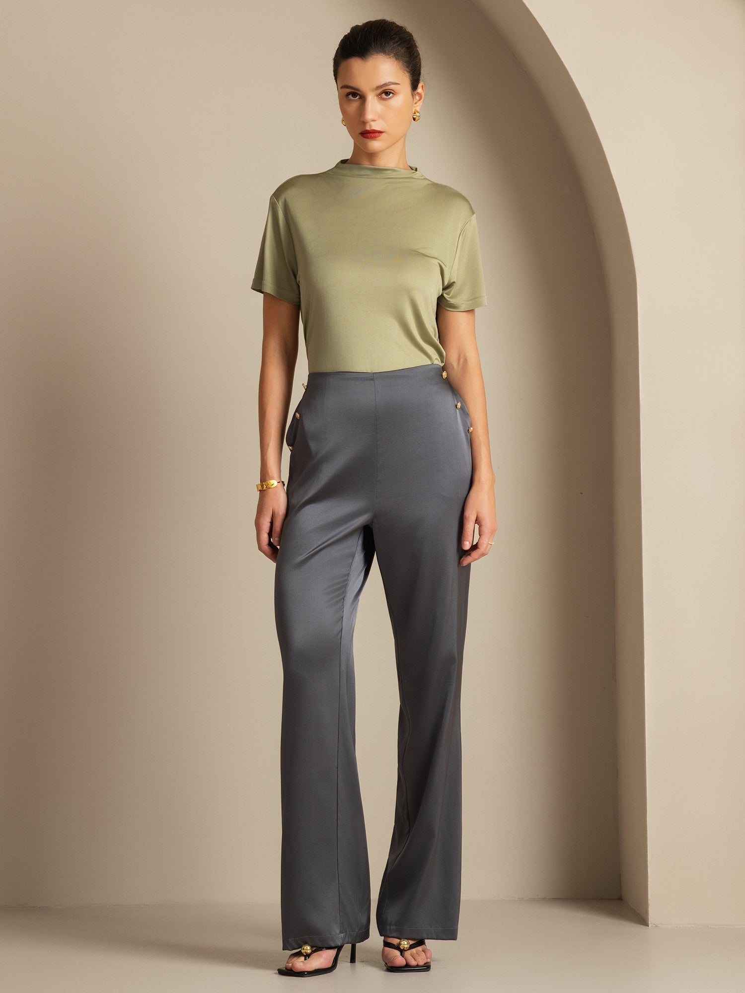 [Gris Oscuro] SilkSilky-ES 19Momme Seda Womens Pants 008,