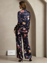 [Floral Azul Marino] SilkSilky-ES 19Momme Seda Cuello Camisero Women''s Outfit Sets 002