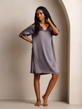 [Gris Púrpura] SilkSilky-ES Half Sleeve V Neck Camisón 006