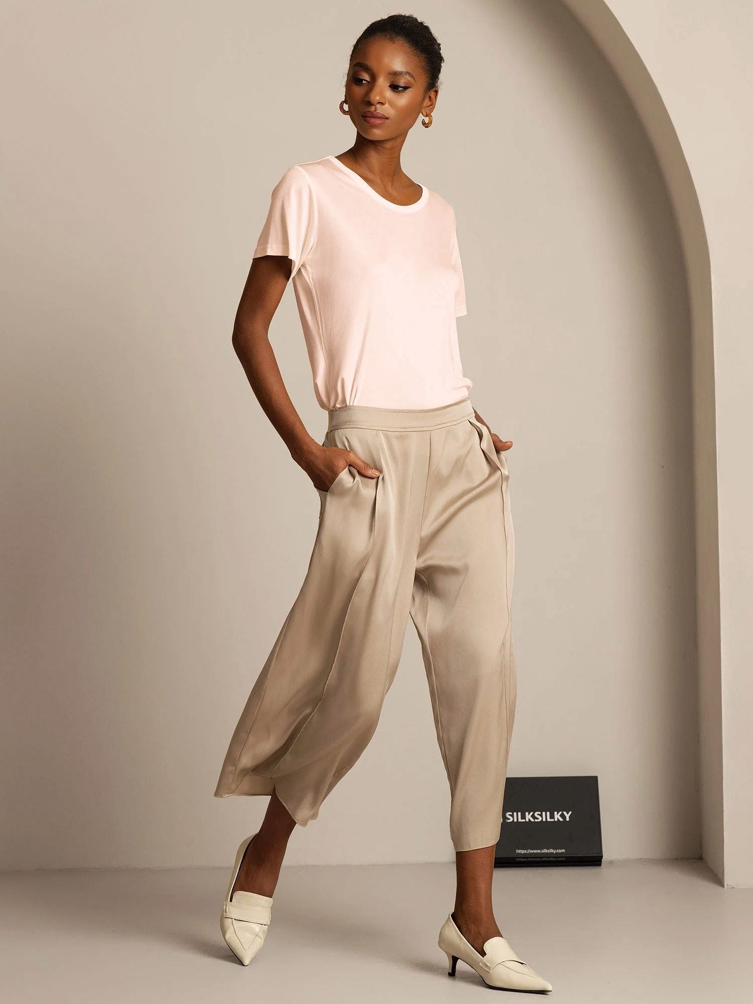 [Rosa Claro] SilkSilky-ES Manga corta Womens T-Shirt 007