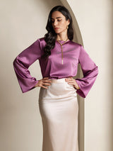 [Morado Oscuro] SilkSilky-ES Long Sleeve Boat Neck Blusa 004