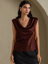 [Chocolate Negro] SilkSilky-ES Cap Sleeve Cowl Neck Camisetas de Mujer 001