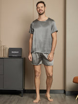 [Gris Oscuro] SilkSilky-ES Seda Pura Manga corta Round Neck Pijamas de hombre 005