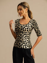 [Leopardo] SilkSilky-ES A metà Escote Cuchara Camisetas de Mujer 003