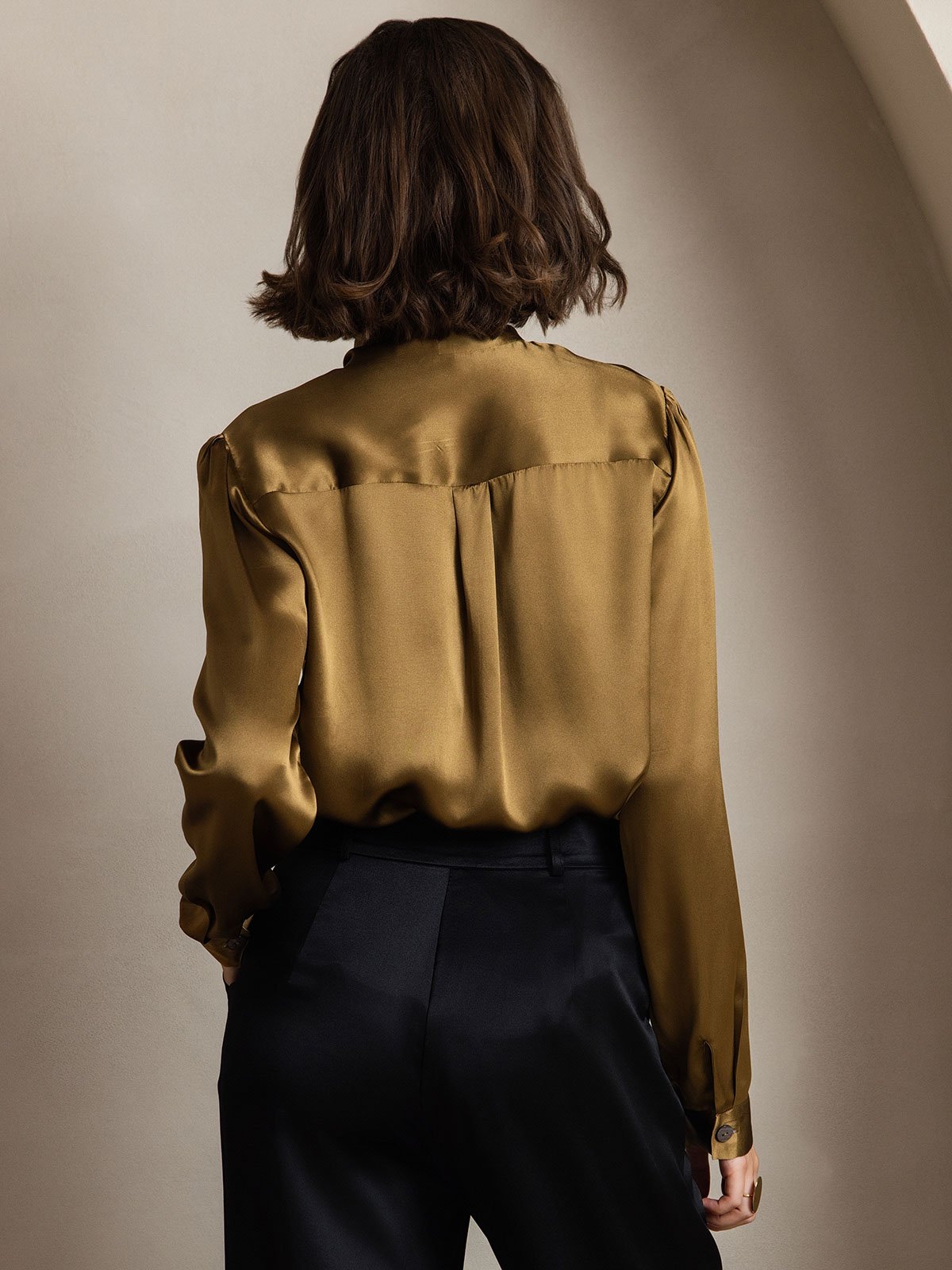 [Marrón] SilkSilky-ES 19Momme Seda Manga larga Blouse 002