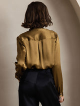 [Marrón] SilkSilky-ES Long Sleeve Tie Neck Blusas 002