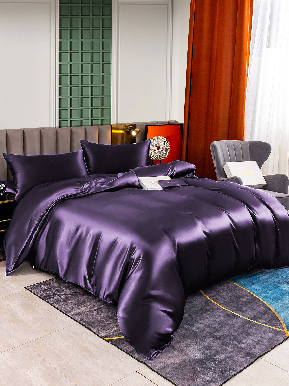 [Morado Oscuro] SilkSilky-ES 22Momme Seda Pura Bedding Set 002,