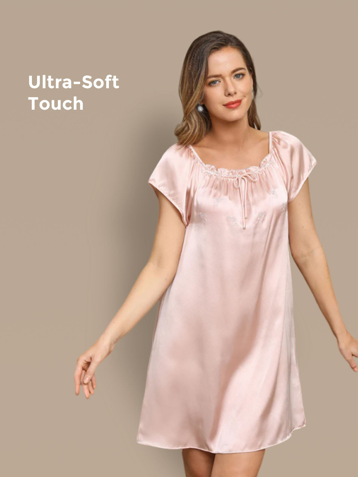 [Rosa Claro] SilkSilky-ES Cap Sleeve Square Neck Camisón 001