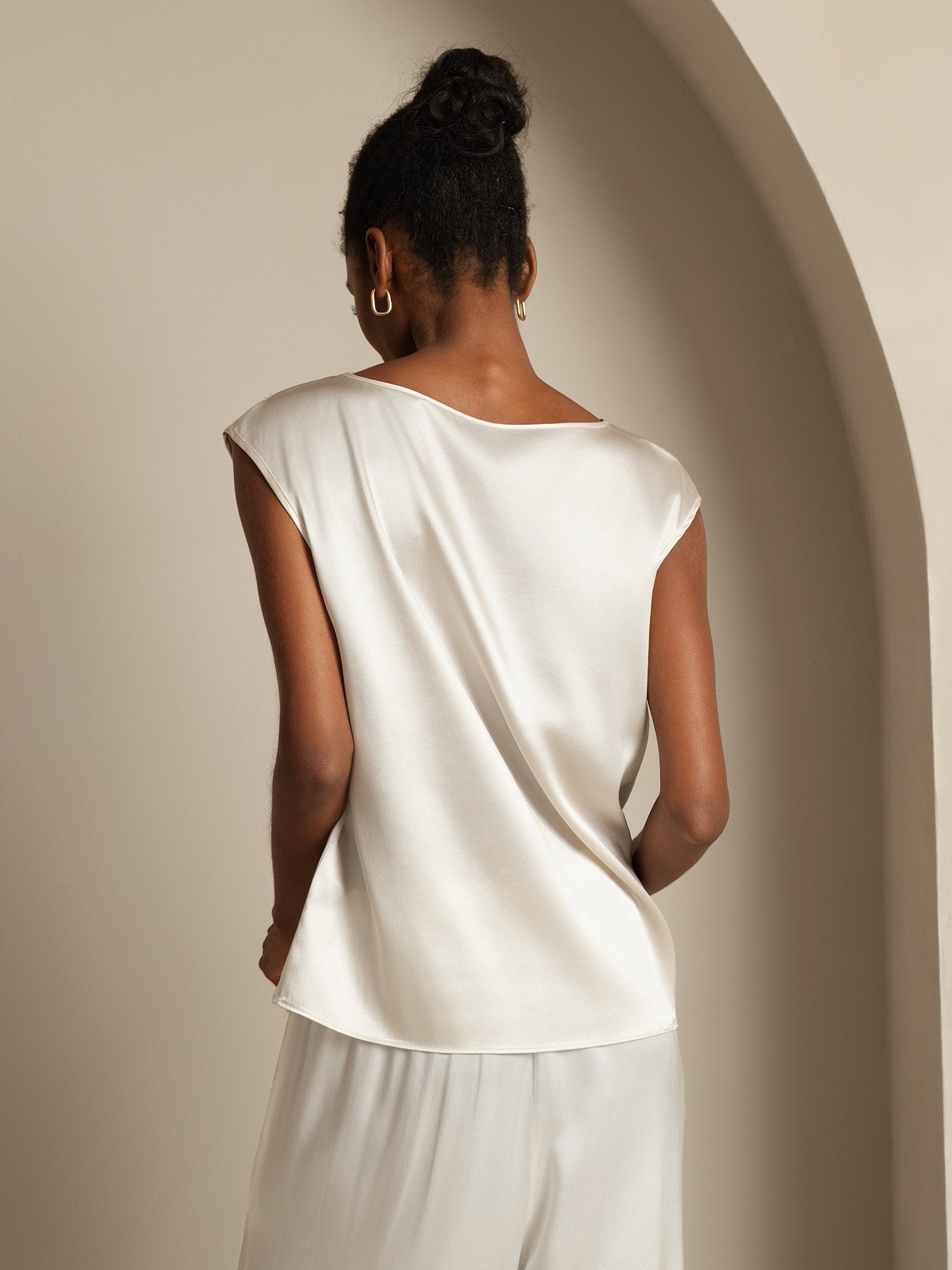 [Blanco] SilkSilky-ES Cap Sleeve Round Neck Camisetas de Mujer 002